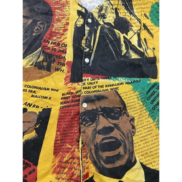 Vintage 1990s Malcolm X All Over Print Jersey Button Up Black History Sz XL USA - Picture 5 of 6